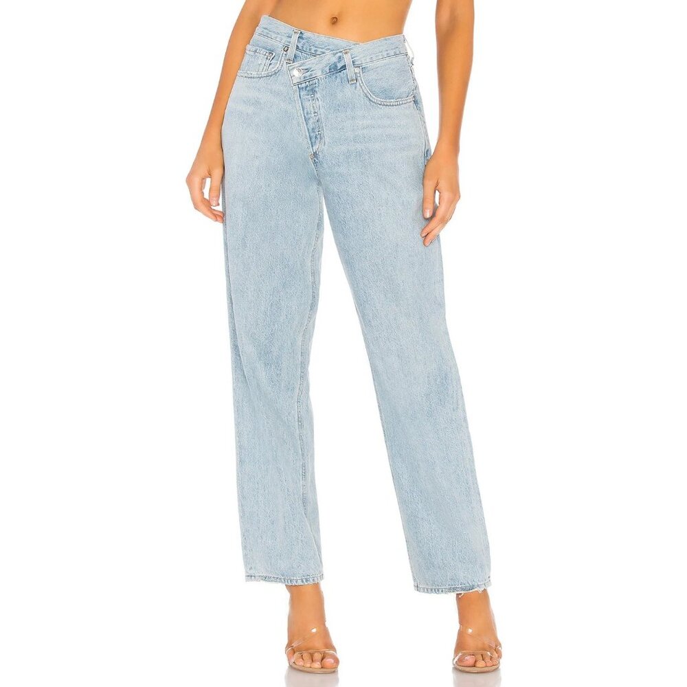 AGOLDE Light Wash Criss Cross Button Fly Straight Leg Blue Denim Jeans, Size 31